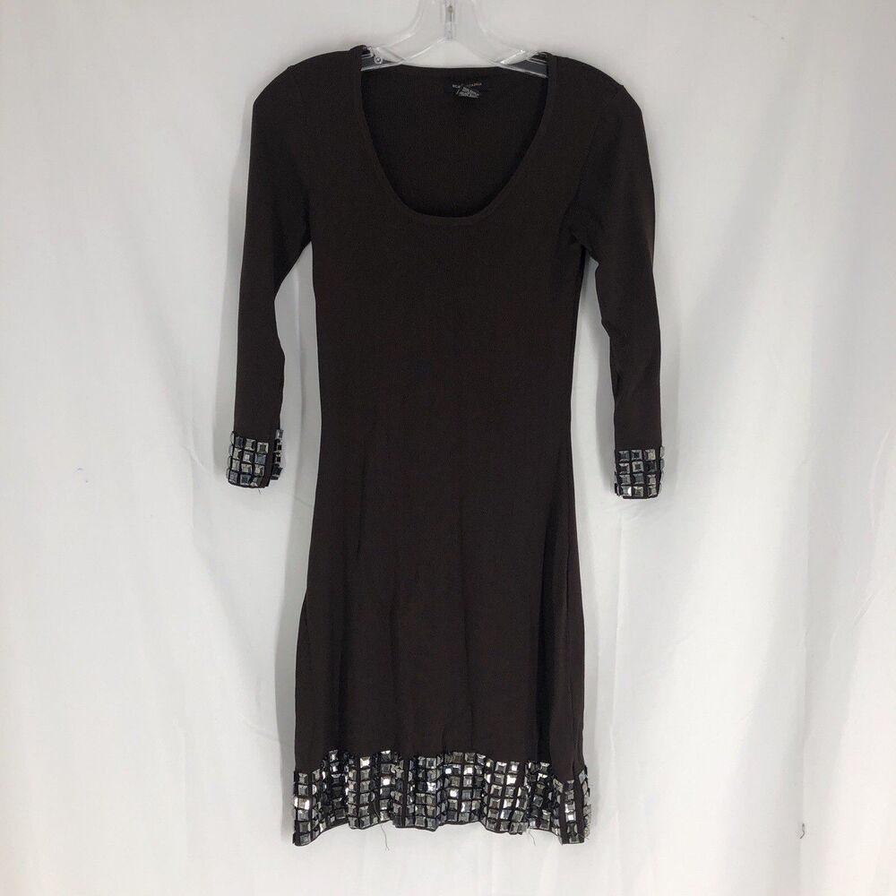 BCBGMAXAZARIA  Brown Ribbed Midi Dress with Jewels at Cuffs and Hem Size Small